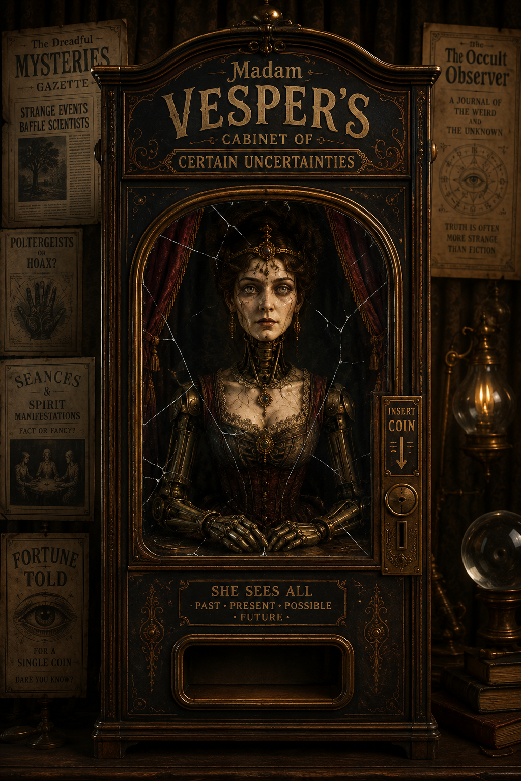 Madam Vesper's Cabinet, idle and awaiting coin insertion.