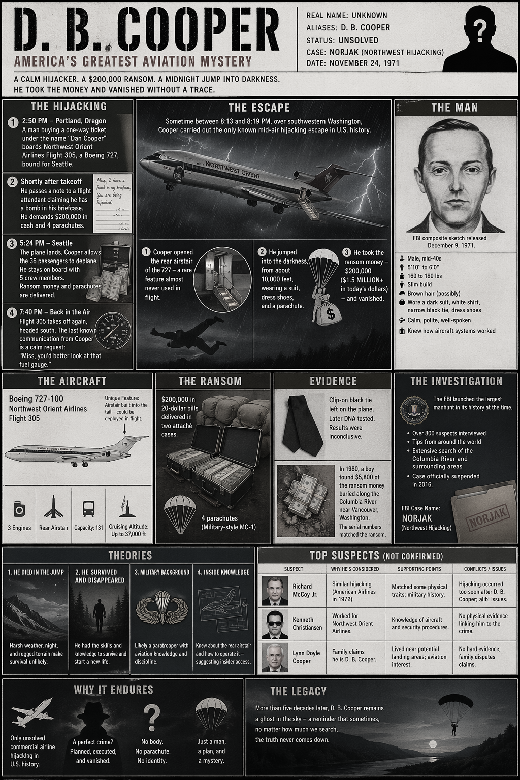 D.B. Cooper infographic — hijacking timeline, aircraft, ransom, evidence, investigation, theories, suspects, and legacy